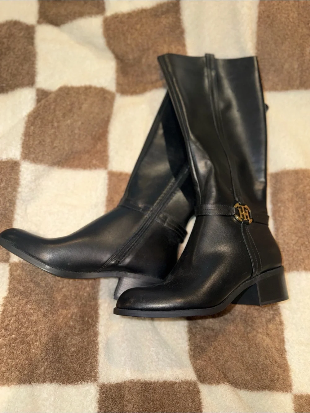 Tommy Hilfiger Black Leather Mid-Calf Boots with Gold Logo